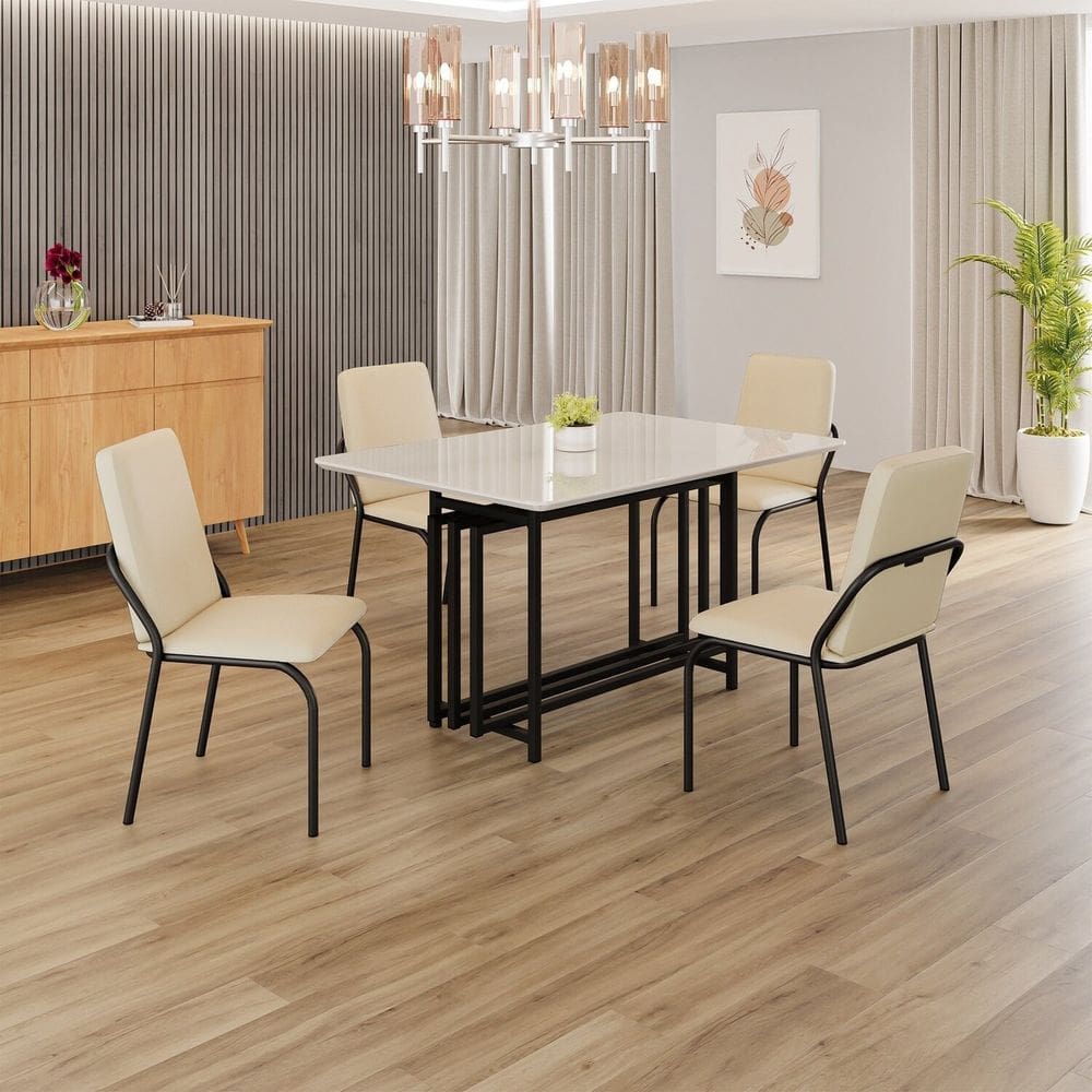 Conjunto Sala de Jantar Mesa 120x90cm Base Pérola Tampo MDF com Vidro Malibu Creme / Preto