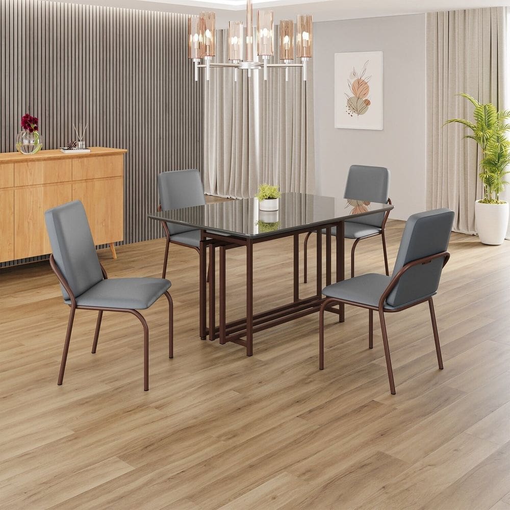 Conjunto Sala de Jantar Mesa 120x90cm Base Pérola Tampo MDF  com Vidro Malibu Grafite / Marrom