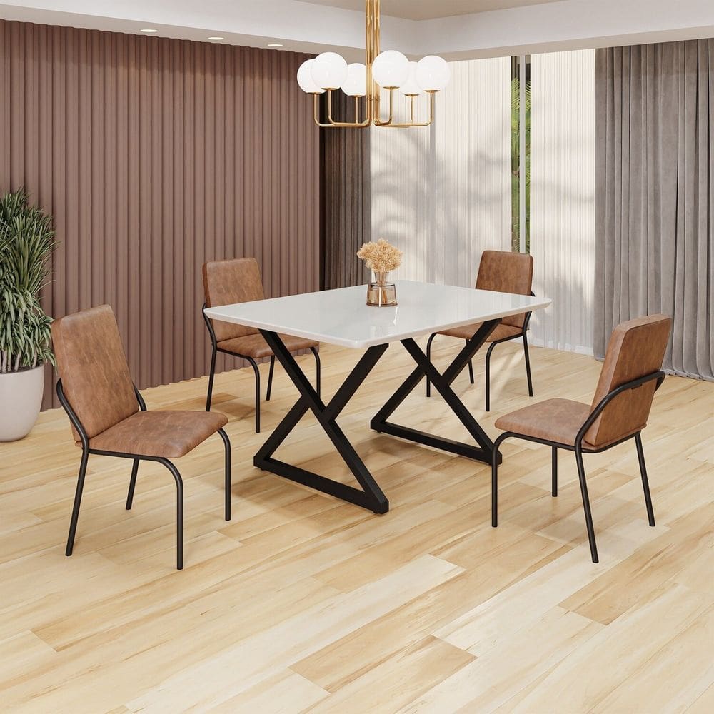 Conjunto Sala de Jantar Mesa 120x90cm Base Império Tampo MDF Laca com Vidro Malibu marrom / preto