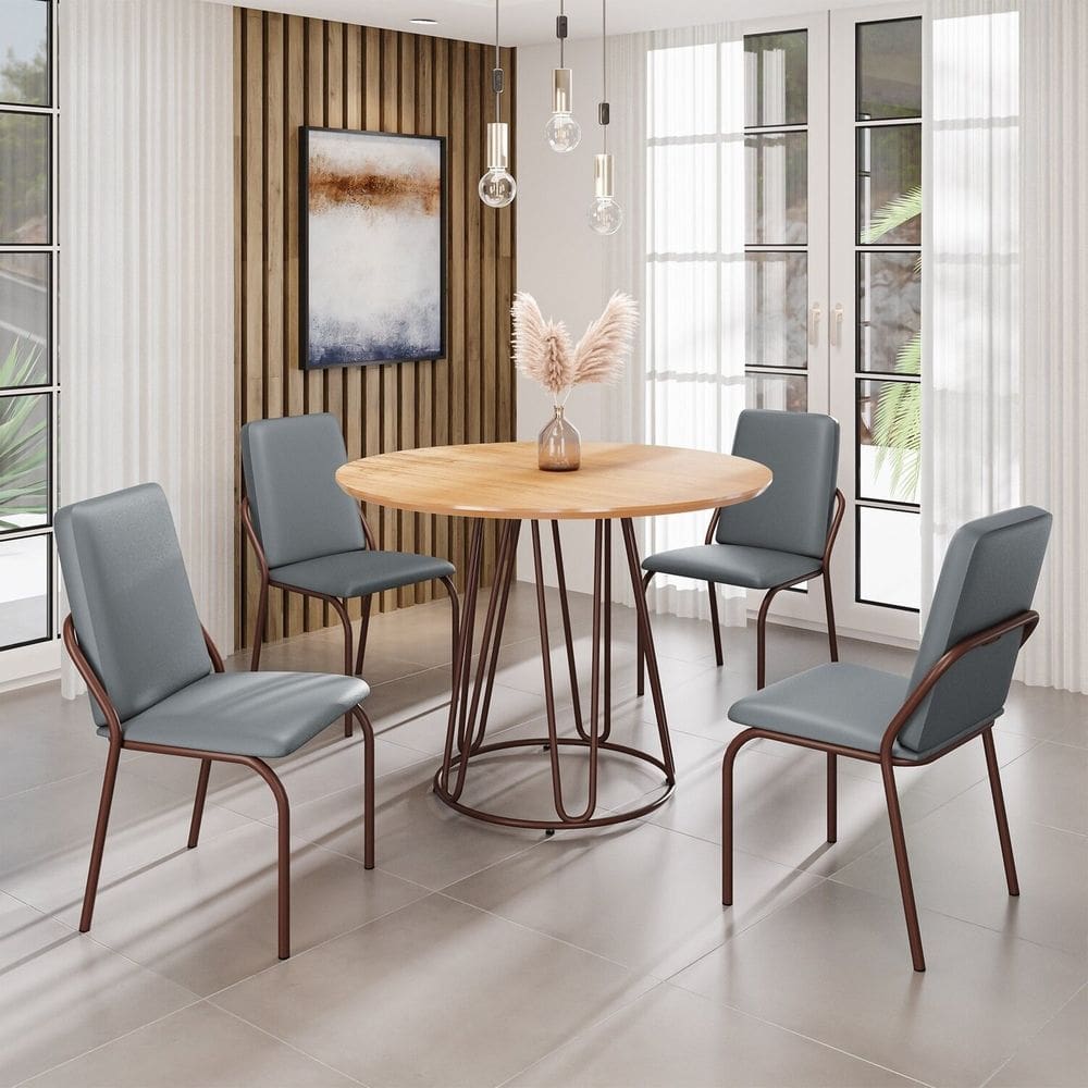 Conjunto Sala de Jantar Mesa Redonda 100cm Base Omega Tampo MDF Malibu Grafite / Marrom