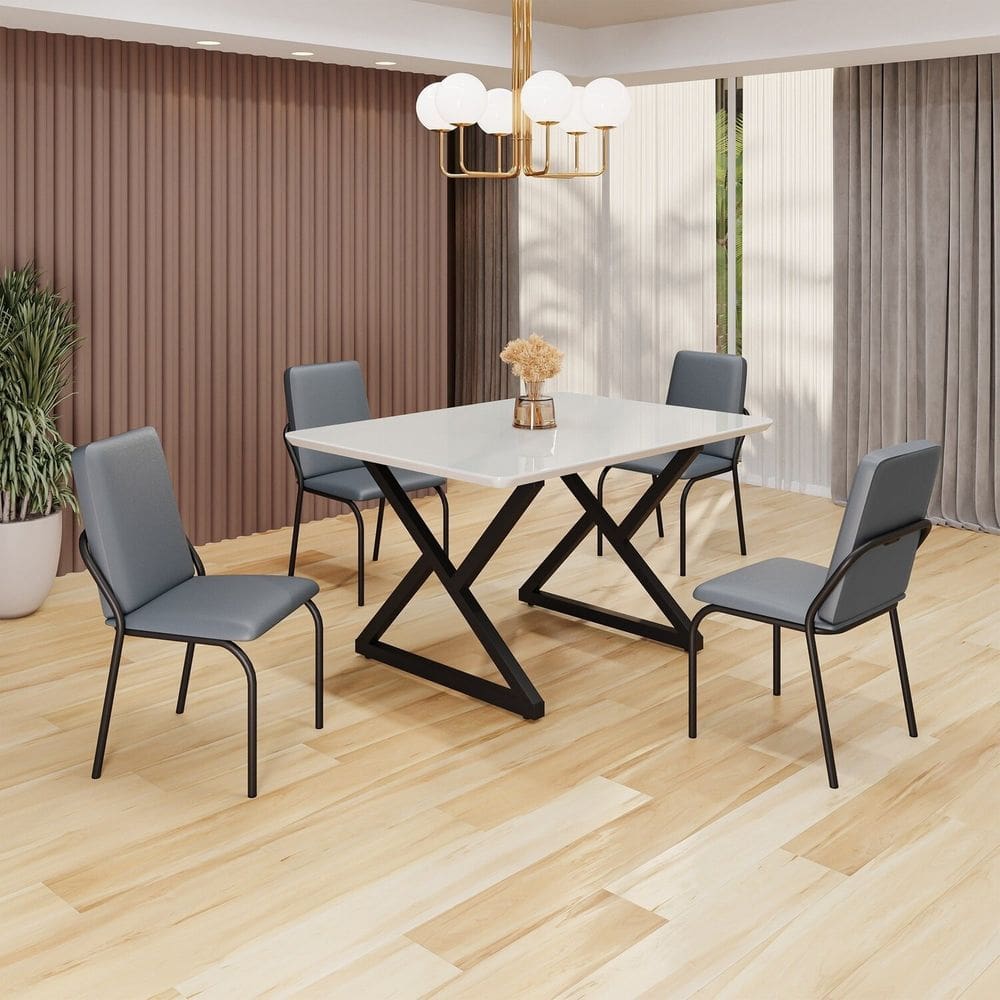 Conjunto Sala de Jantar Mesa 120x90cm Base Império Tampo MDF Laca com Vidro Malibu Grafite / Preto