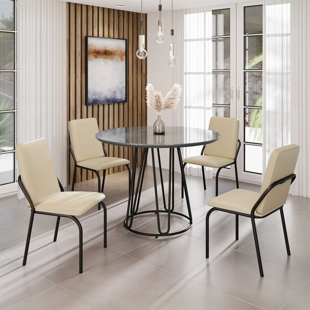 Conjunto Sala de Jantar Mesa Redonda 100cm Base Omega Tampo MDF Laca com Vidro Malibu Creme / Preto