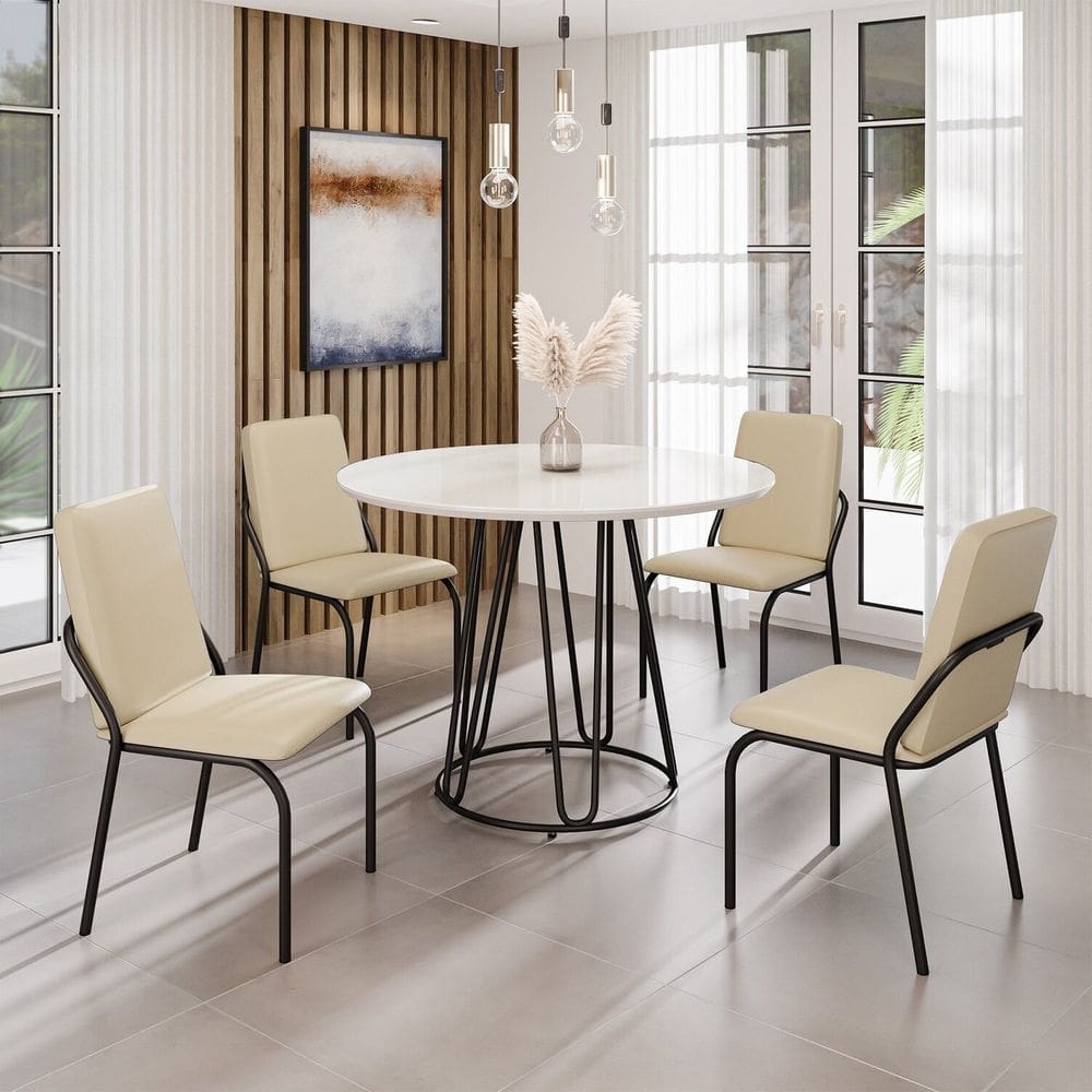 Conjunto Sala de Jantar Mesa Redonda 100cm Base Omega Tampo MDF Laca com Vidro Malibu Creme / Preto