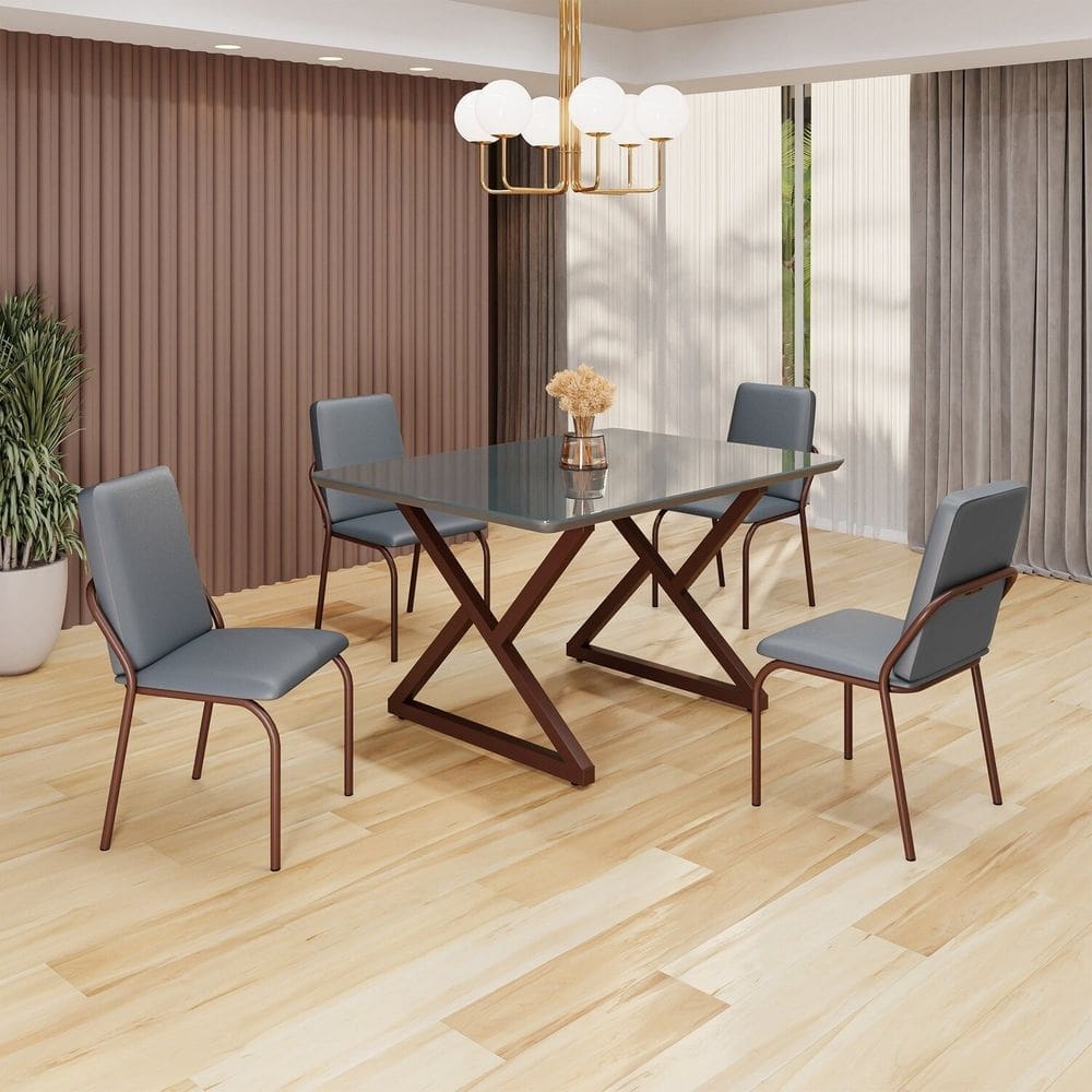 Conjunto Sala de Jantar Mesa 120x90cm Base Império Tampo MDF Laca com Vidro Malibu Grafite / Marrom