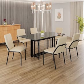 Conjunto Sala de Jantar Mesa 160x90cm Base Pérola Tampo MDF com Vidro Malibu Creme / Preto
