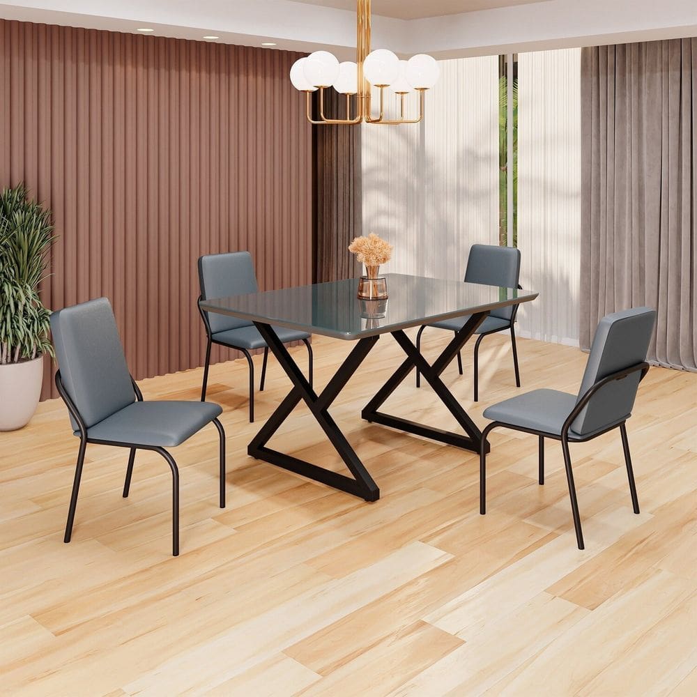 Conjunto Sala de Jantar Mesa 120x90cm Base Império Tampo MDF Laca com Vidro Malibu Grafite / Preto