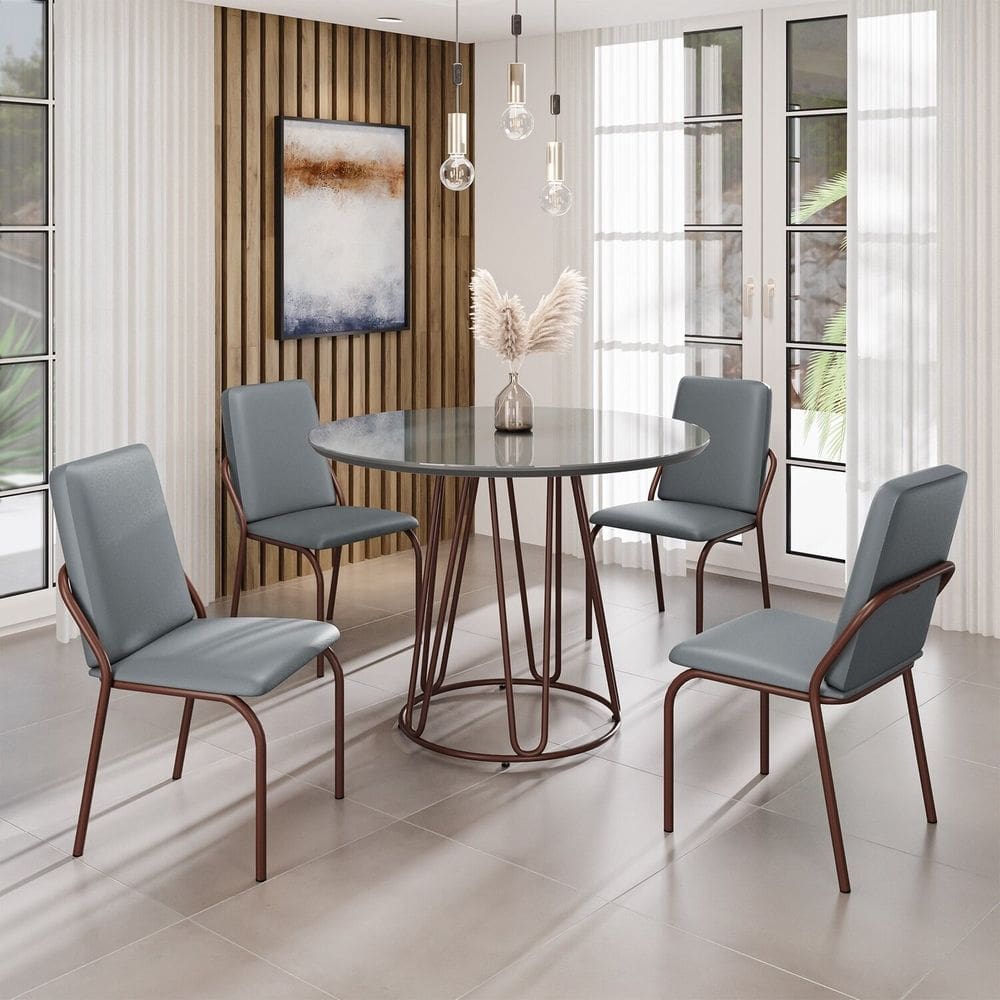 Conjunto Sala de Jantar Mesa Redonda 100cm Base Omega Tampo MDF Laca com Vidro Malibu Grafite / Marrom