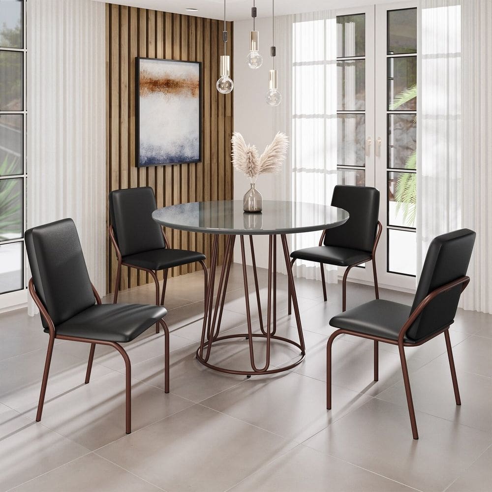 Conjunto Sala de Jantar Mesa Redonda 100cm Base Omega Tampo MDF Laca com Vidro Malibu Preto / Marrom