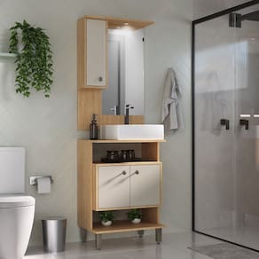 Conjunto de Banheiro Gabinete 2 Porta com Cuba de Sobrepor Espelheira 1 Porta com LED Eleganza Carvalho / Arenas