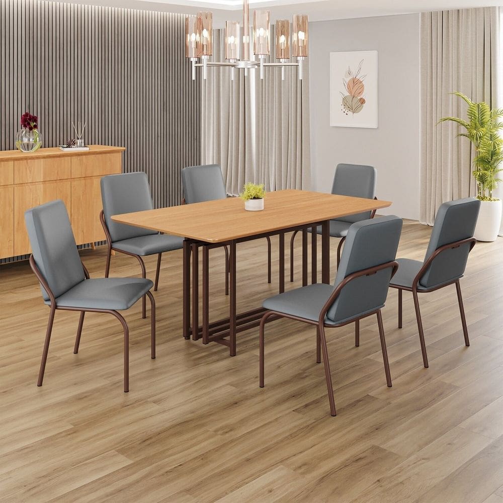 Conjunto Sala de Jantar Mesa 160x90cm Base Pérola Tampo MDF   Malibu Grafite / Marrom