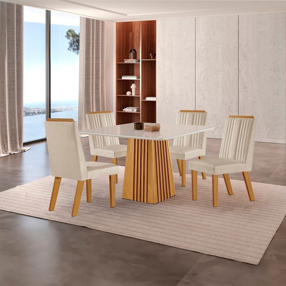 Conjunto de Jantar Mesa Áustria 0,90x0,90 Tampo Mdf/vidro com 4 Cadeiras Florença Yescasa Castanho /Creme/Off White