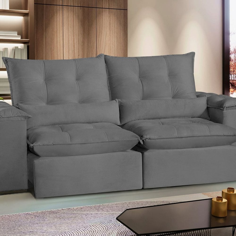 Sofá San Paulo Retrátil e Reclinável - Assento com Molas – 230 cm Veludo Cinza Cinza
