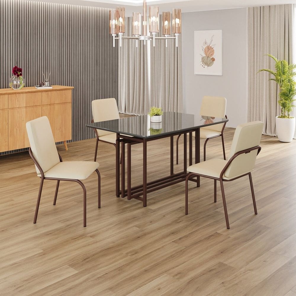 Conjunto Sala de Jantar Mesa 120x90cm Base Pérola Tampo MDF  com Vidro Malibu Creme / Marrom