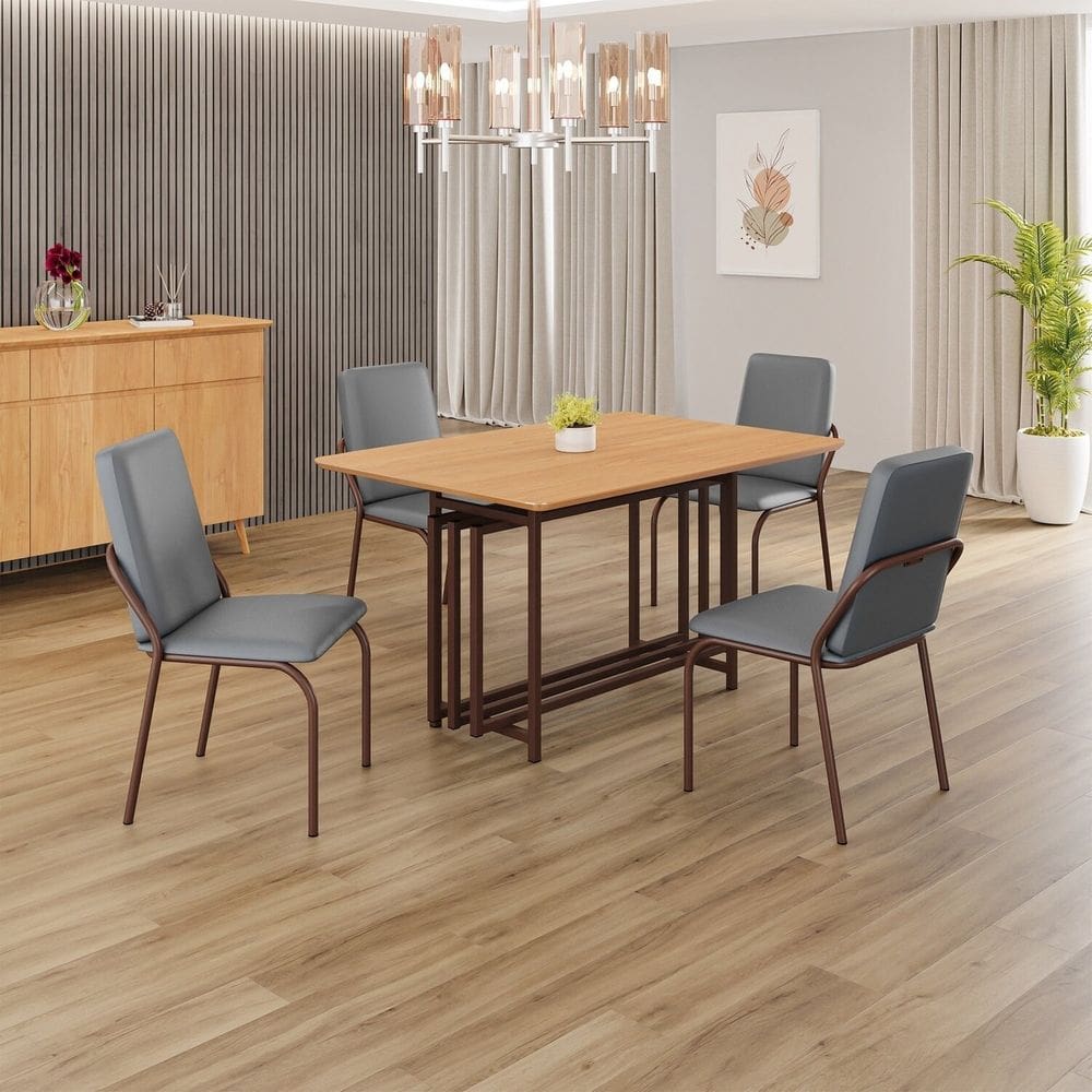 Conjunto Sala de Jantar Mesa 120x90cm Base Pérola Tampo MDF   Malibu Grafite / Marrom