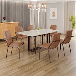 Conjunto Sala de Jantar Mesa 160x90cm Base Pérola Tampo MDF Laca com Vidro Malibu Marrom