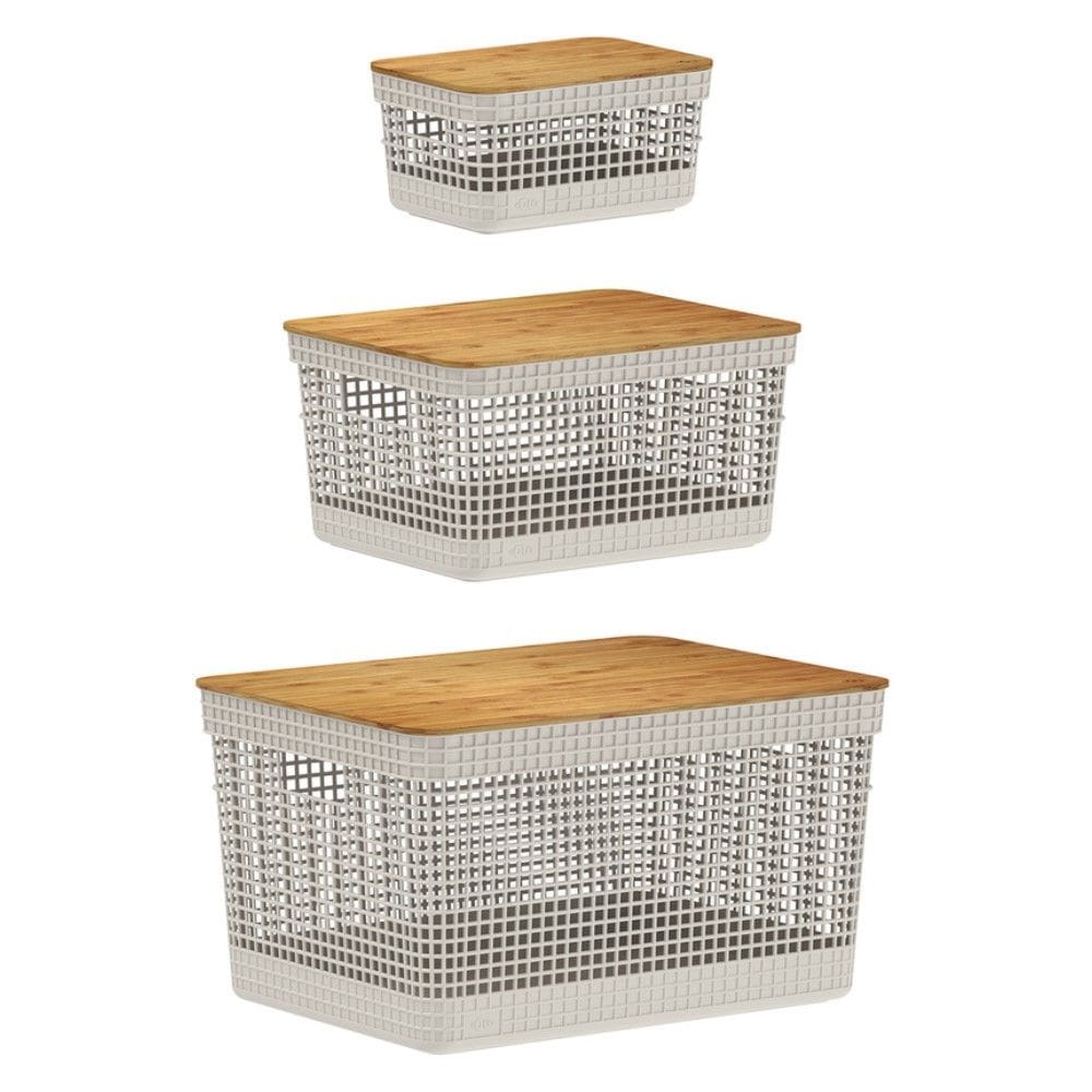 Kit de Cesto Organizador Grid Bege com Tampa de Bambu 03 Peças