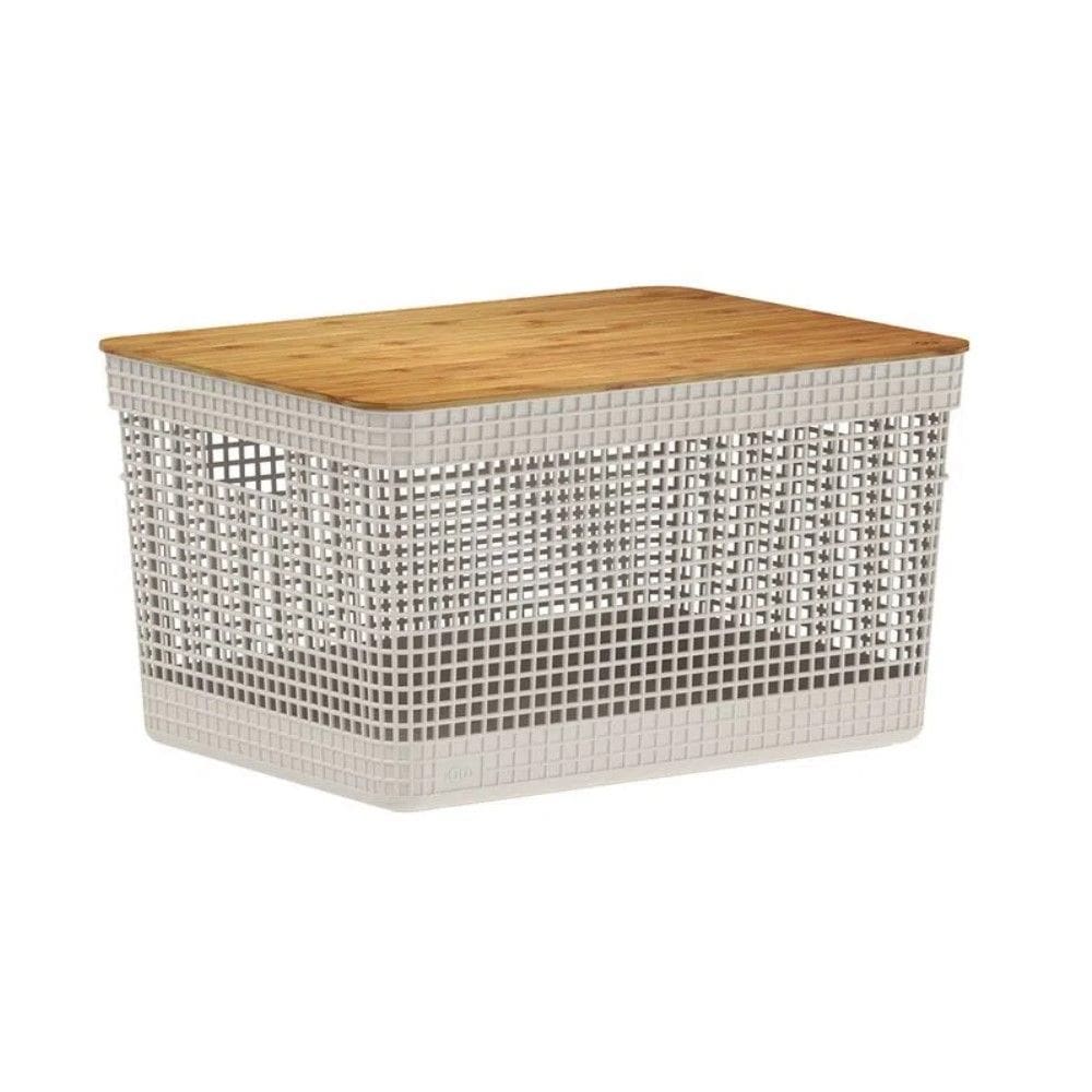 Cesto Organizador Grid Bege 20 L com Tampa de Bambu 39 x 29 x 22,6 cm