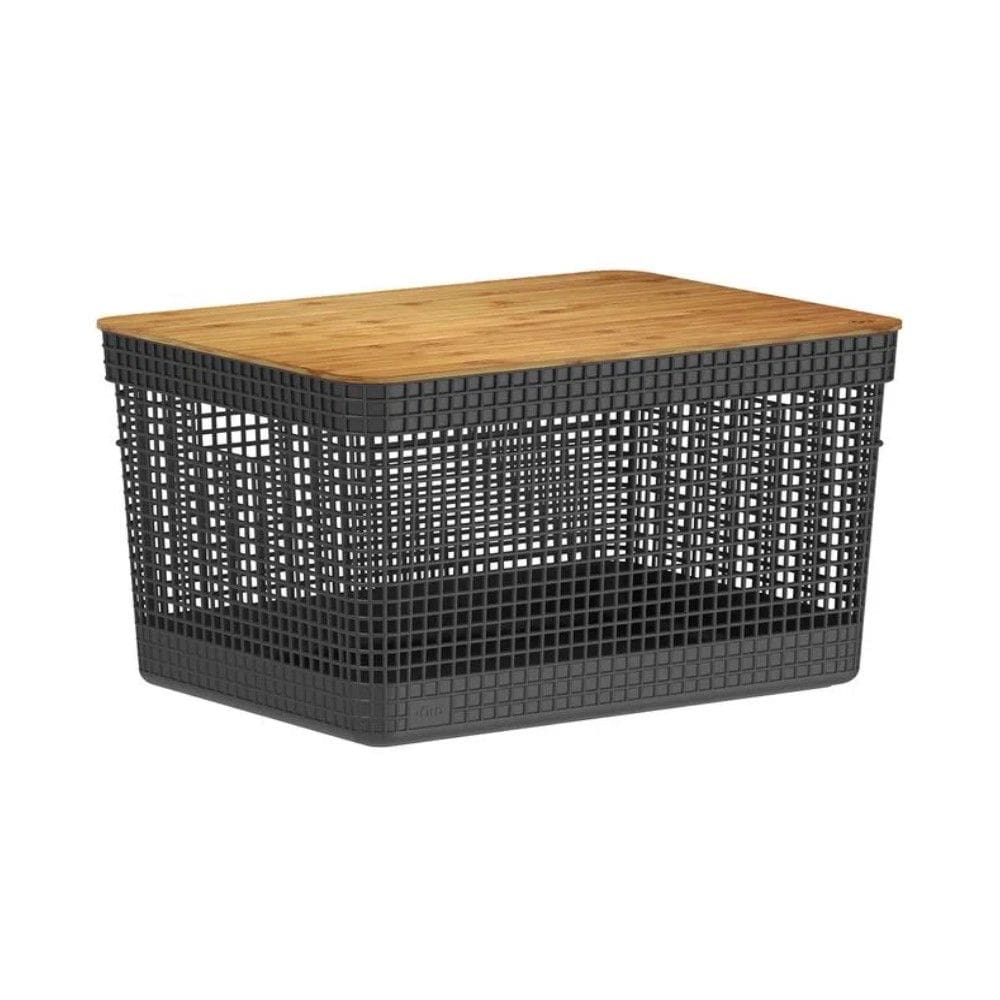Cesto Organizador Grid Preto 20 L com Tampa de Bambu 39 x 29 x 22,6 cm