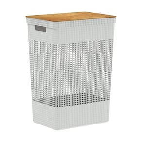 Cesto de Roupa Grid Branco Oceano 49 L com Tampa de Bambu 38 x 28 x 55,6 cm