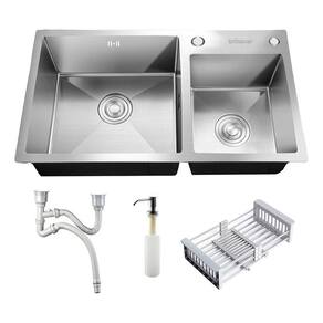 Kit Cuba Dupla De Pia Cozinha Gourmet Completa Com Acessórios E Torneira Monocomando Misturador 2 Saídas Gourmet Aço Inox Prata Brinovar