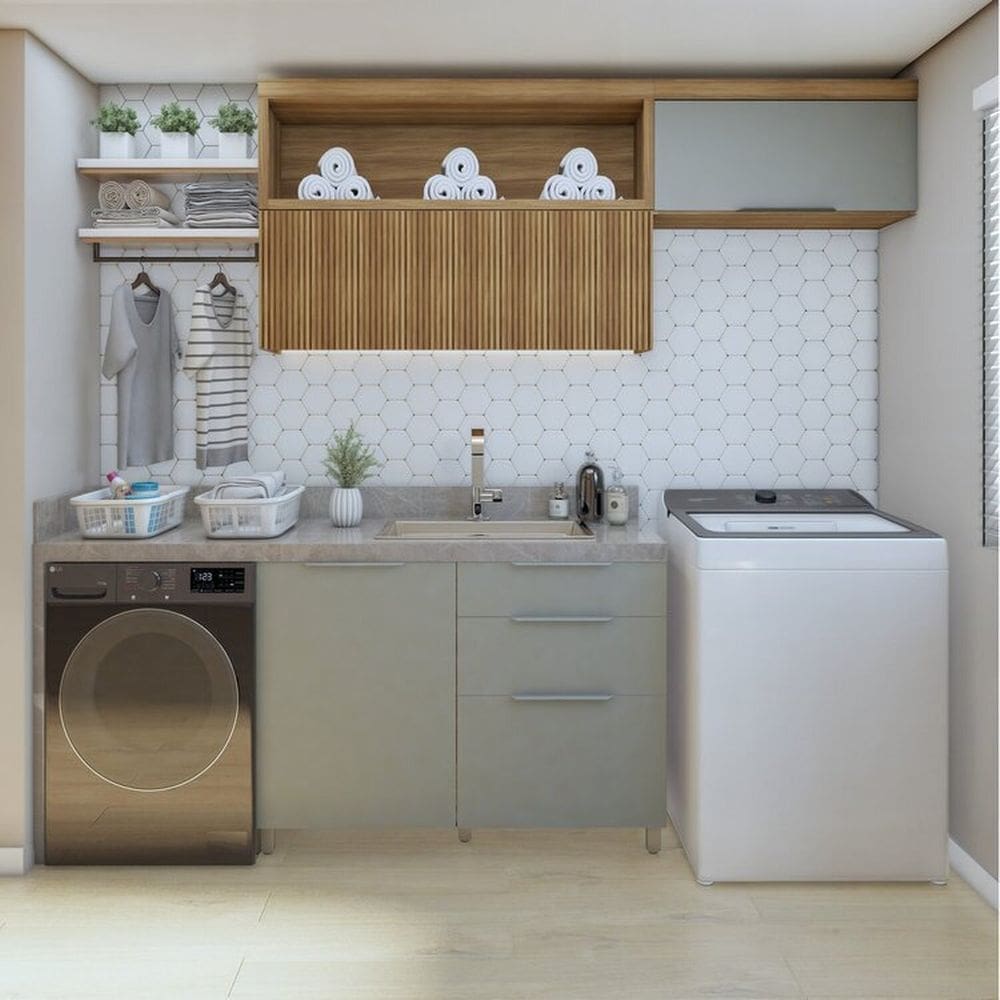 Lavanderia Modulada com Balcão 1 Porta e 2 Armários Aéreos 100% Mdf Marquesa Marrom/Verde
