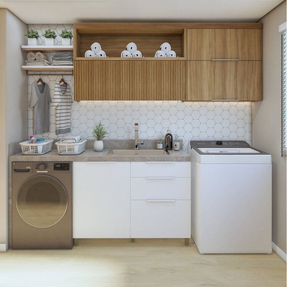 Lavanderia Modulada com 2 Armários Aéreos e 1 Balcão 100% Mdf Marquesa Branco/Marrom