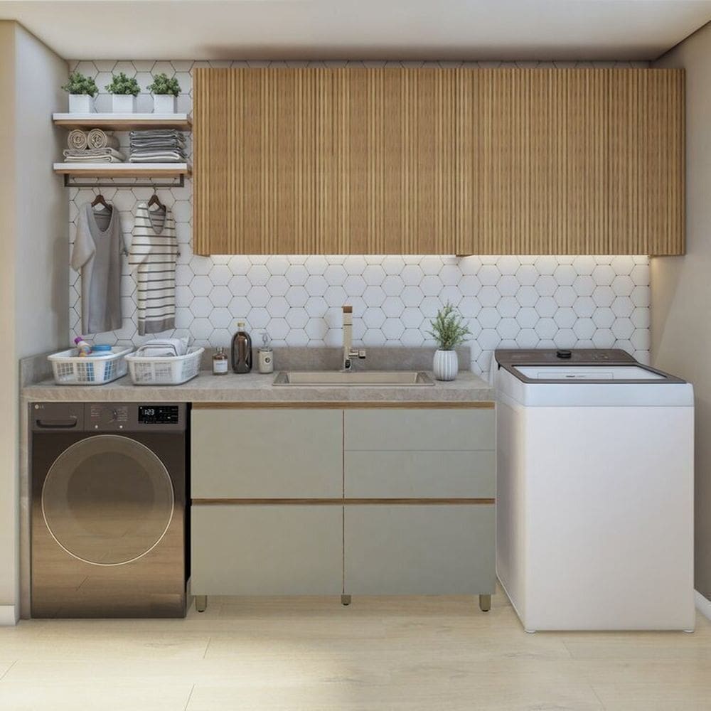 Lavanderia Modulada com Balcão e 2 Armários Aéreos Ripados 100% Mdf Rainha Marrom/Verde