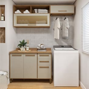 Lavanderia Modulada Balcão 3 Portas e 2 Armários Aéreos com 1 Porta Salvador Cinamomo/Off White