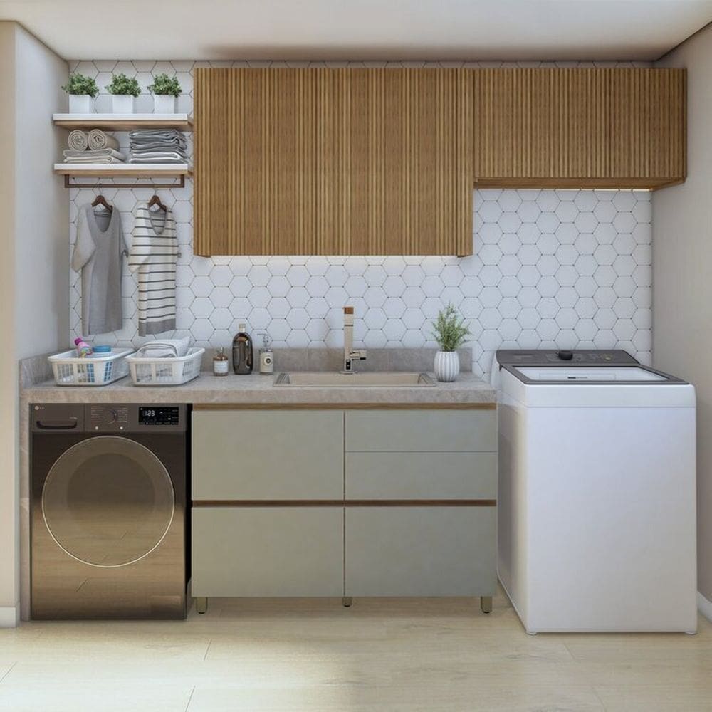 Lavanderia Modulada com 2 Armários Aéreos e Balcão 100% Mdf Rainha Marrom/Verde