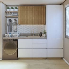 Lavanderia Modulada com Armário Aéreo, Armário Multiúso e Balcão 100% MDF Rainha Branco/Marrom
