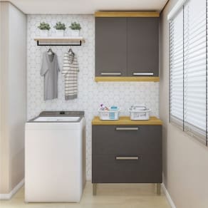 Lavanderia Modulada com Balcão 2 Portas e Armário Aéreo 100% Mdf Burguesa Amadeirado Freijó/Grafite