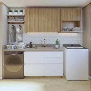 Lavanderia Modulada com Balcão 1 Porta e 2 Armários Aéreos 100% MDF Rainha Branco/Marrom