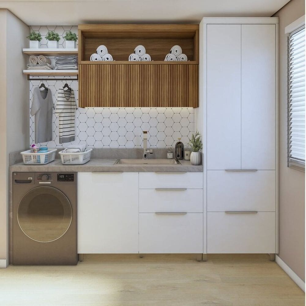 Lavanderia Modulada com Armário Aéreo,1 Balcão e 1 Armário Multiuso 100% MDF Marquesa Branco/Marrom