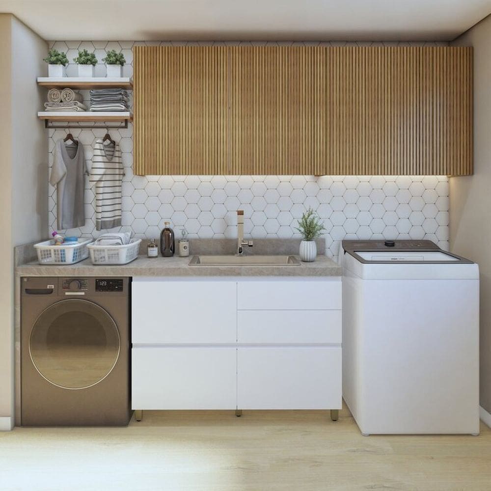 Lavanderia Modulada com Balcão 1 Porta e 2 Armários Aéreos 100% Mdf Rainha Branco/Marrom