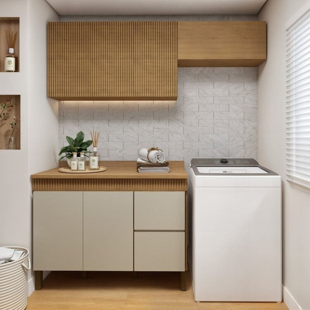 Lavanderia Modulada 2 Armários Aéreos e Balcão 120cm Dakota Cinamomo/Off White