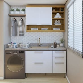 Lavanderia Modulada com Balcão e Armário Aéreo com Nicho 100% Mdf Burguesa Amadeirado Freijó/Branco