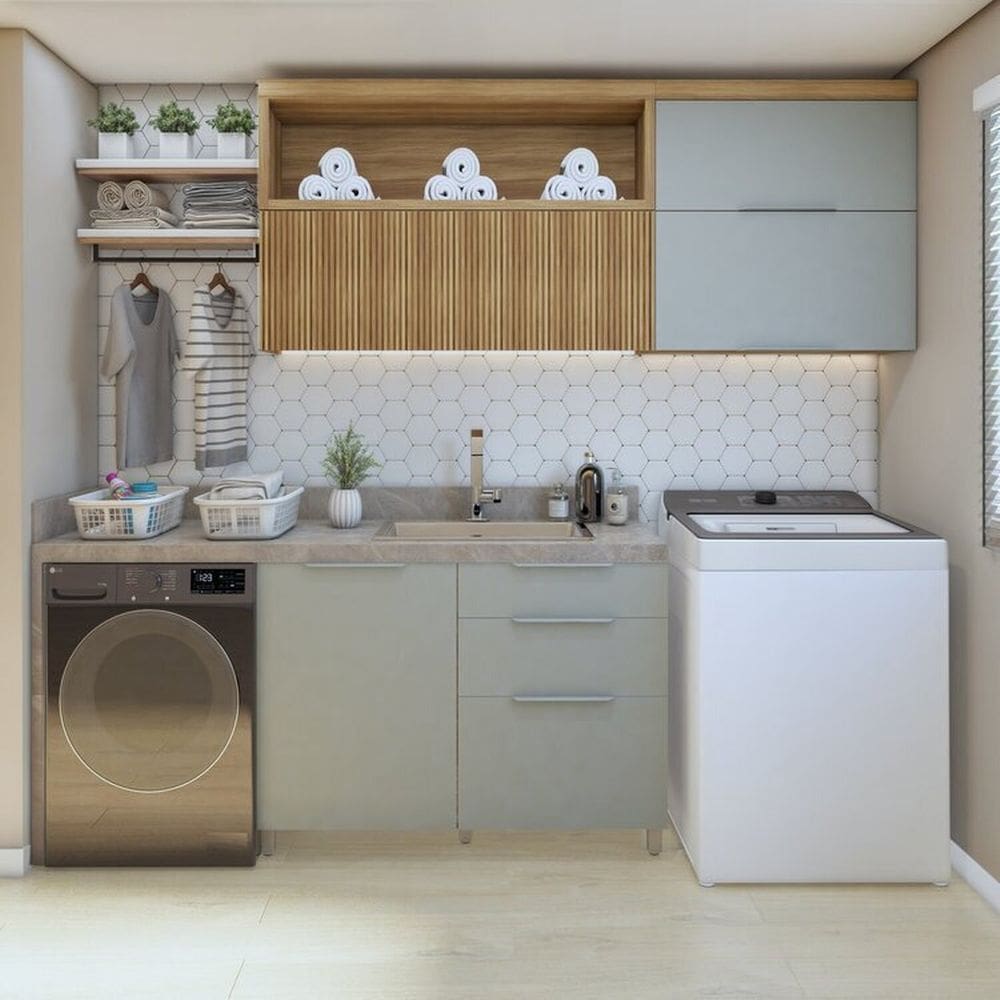 Lavanderia Modulada com 2 Armários Aéreos e 1 Balcão 1 Porta 100% MDF Marrom/Verde