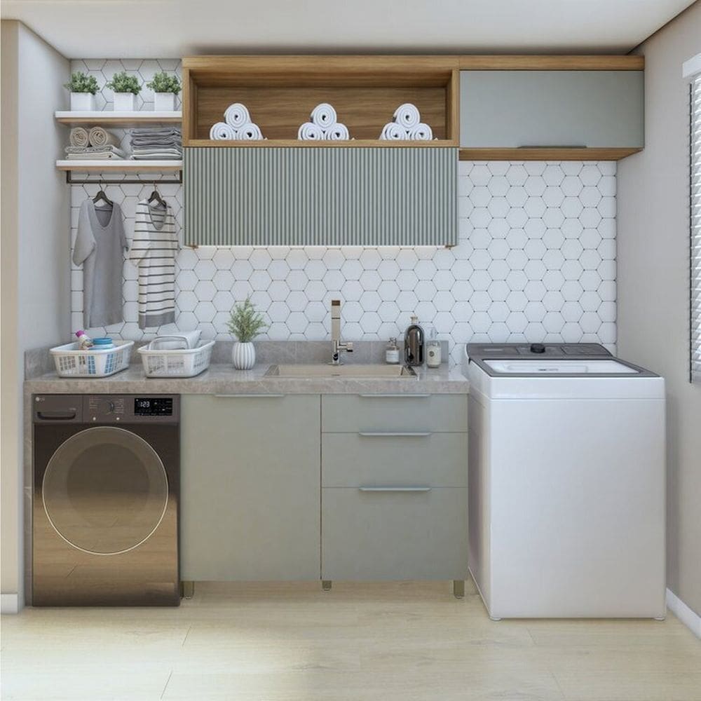 Lavanderia Modulada com Balcão 1 Porta e 2 Armários Aéreos 100% MDF Marquesa Marrom/Verde