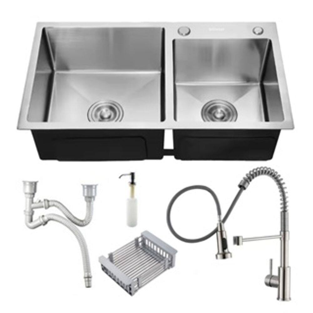 Kit Cuba Pia Dupla Cozinha Gourmet Completa Com Acessórios Prata E Torneira Monocomando Extensível Aço Inox Brinovar