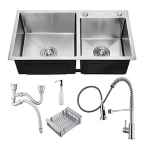 Kit Cuba Pia Dupla Cozinha Gourmet Completa Com Acessórios Prata E Torneira Monocomando Extensível Aço Inox Brinovar