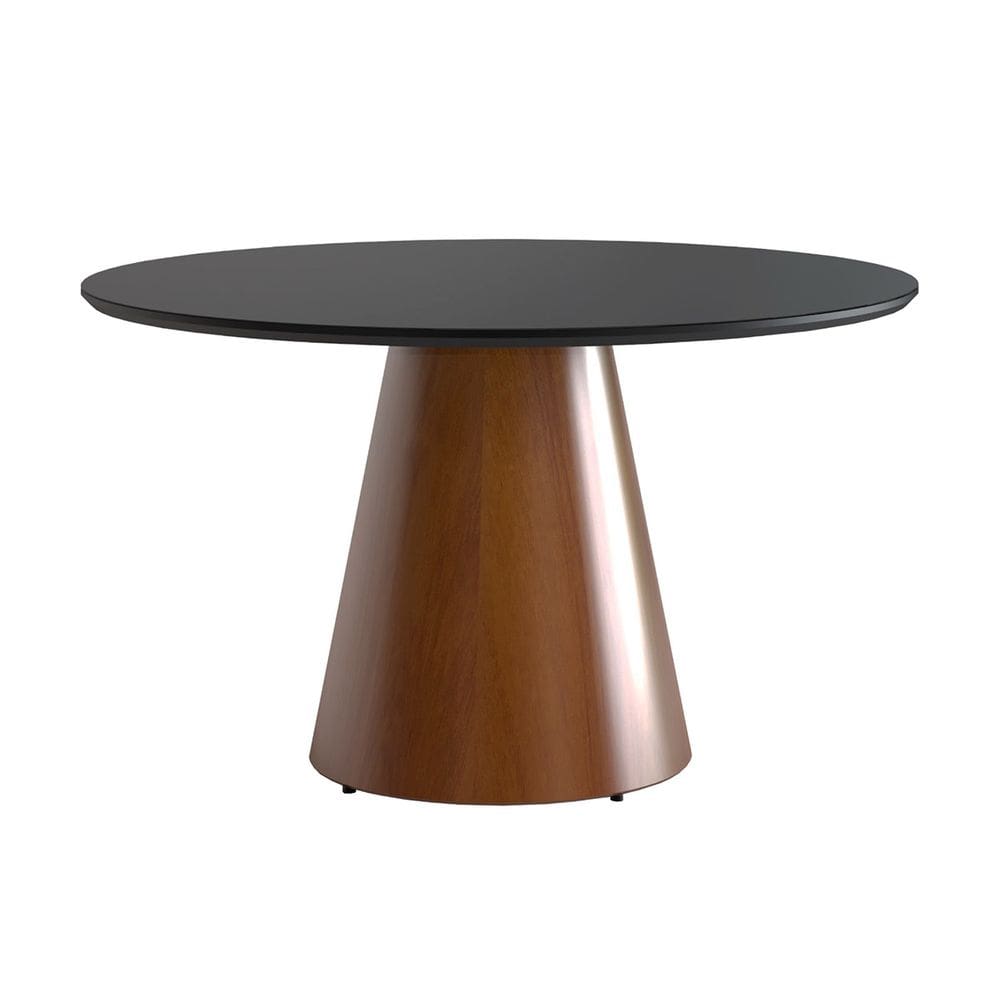 Mesa de Jantar Redonda para 4 Lugares 120cm Liz Base Cone Amadeirado Tampo Vidro Preto CCS