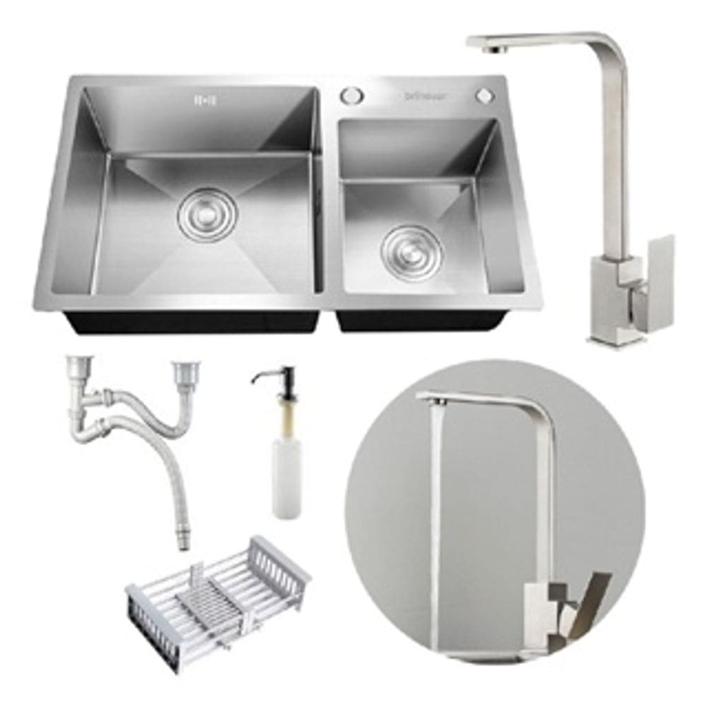Kit Cuba Dupla Pia Cozinha Gourmet Completa Com Acessórios E Torneira Slim Em L Aço Inox Prata Brinovar