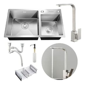 Kit Cuba Dupla Pia Cozinha Gourmet Completa Com Acessórios E Torneira Slim Em L Aço Inox Prata Brinovar
