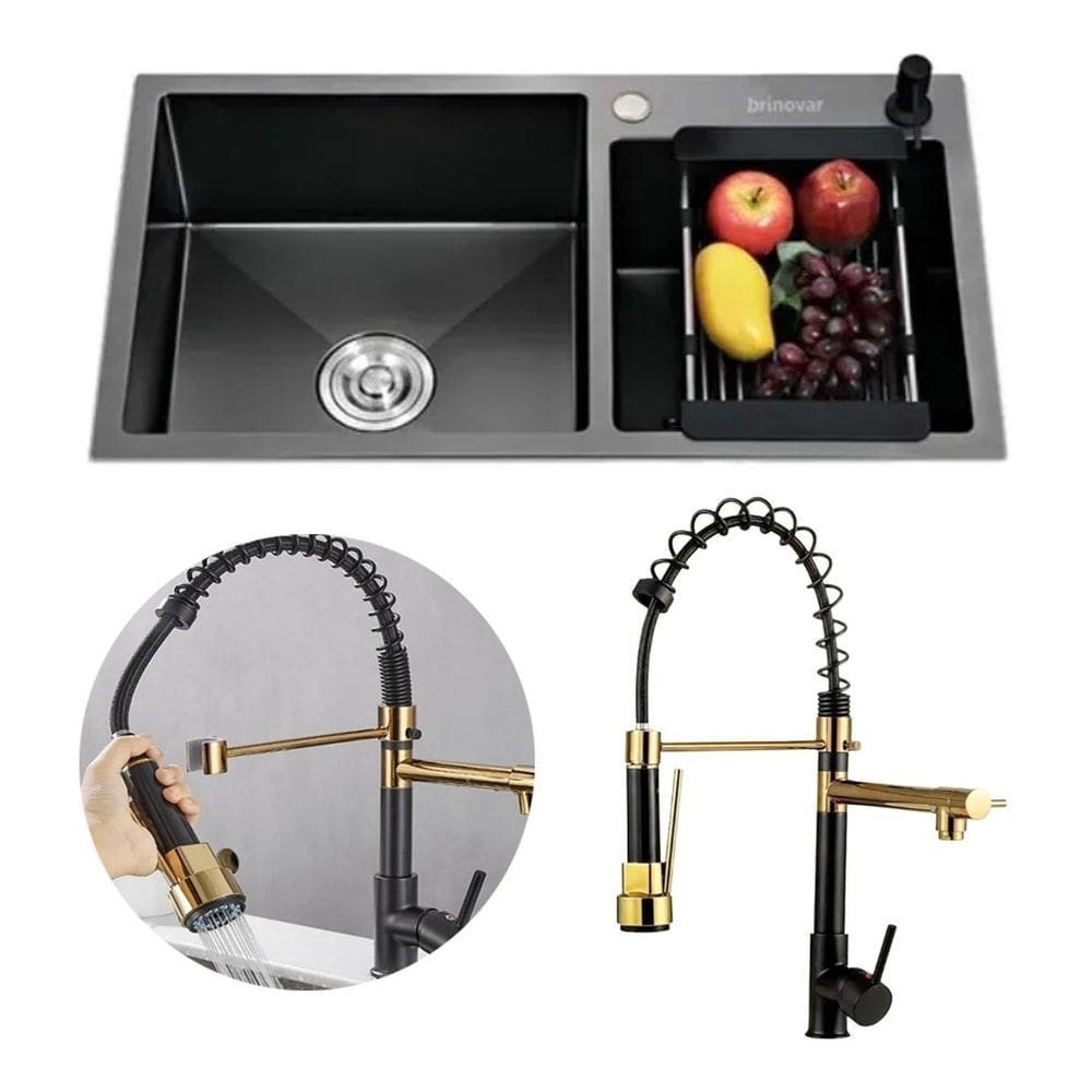 Kit Cuba Pia Gourmet Dupla Preta Aço Inox E Torneira Flexível Brinovar