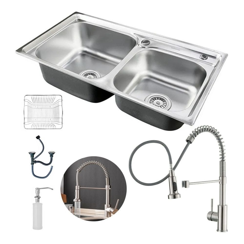Kit Cuba Dupla Cozinha Gourmet Aço Inox Acessórios E Torneira Flexível Brinovar 