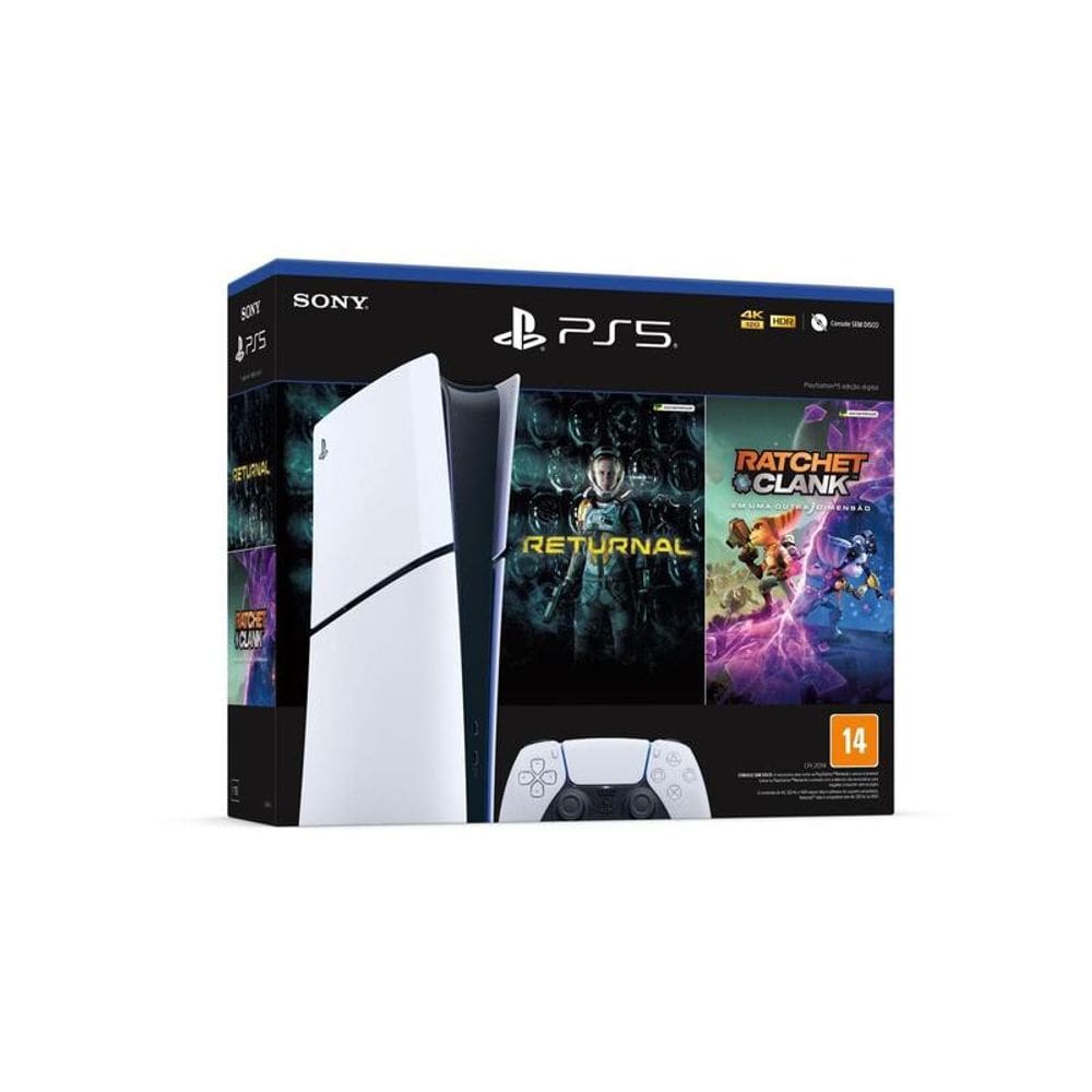 Console PlayStation 5 Slim Digital Edition Branco, SSD 1TB + Returnal e Ratchet e Clank + Controle Sem Fio Dualsense Branco