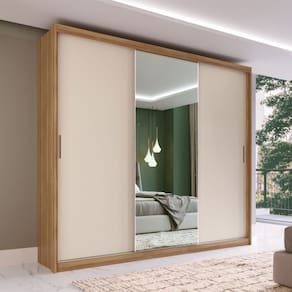 Guarda-Roupa Casal Dalila 3 Portas 4 Gavetas 5 Prateleiras com 1 Porta Espelho Amêndola/Off-White - Demóbile