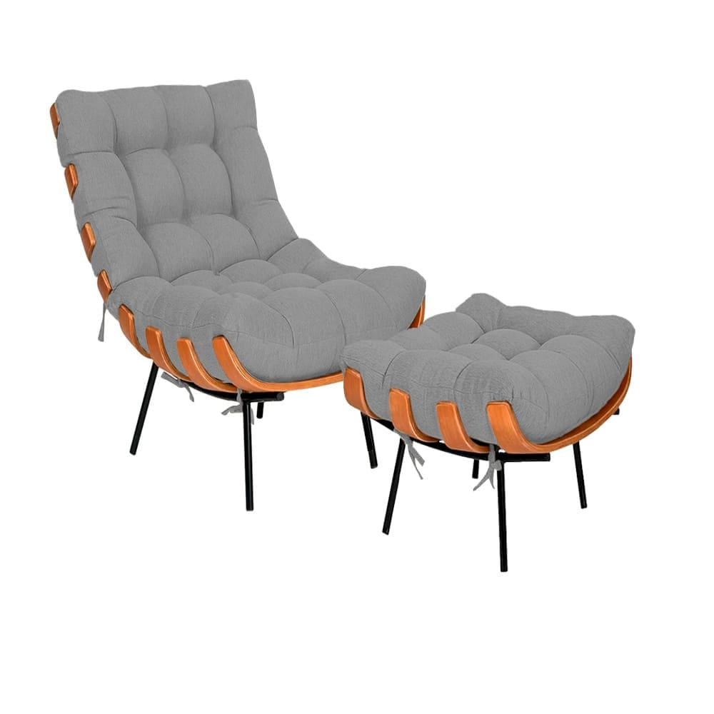 Kit Poltrona e Puff Costela Linho Cinza - Vallisa Decor