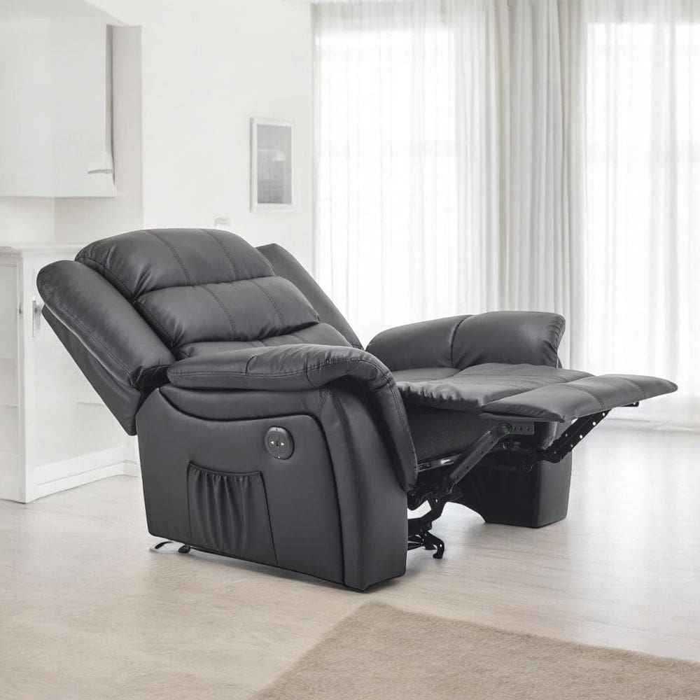 Poltrona Do Papai Reclinável Elétrica Massageadora Ocean Corino Premium Preto