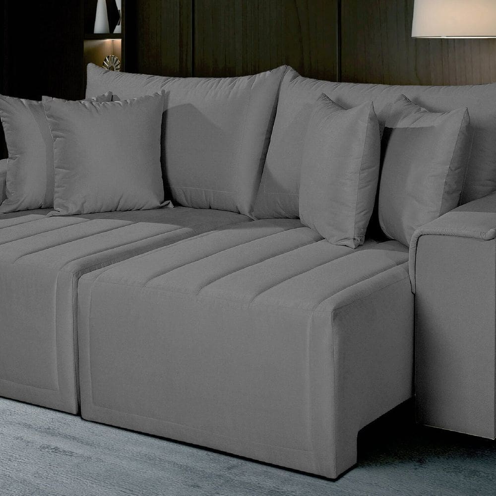 Sofá Living Retrátil com Molas 250 Cm Veludo Veneza Cinza Cinza